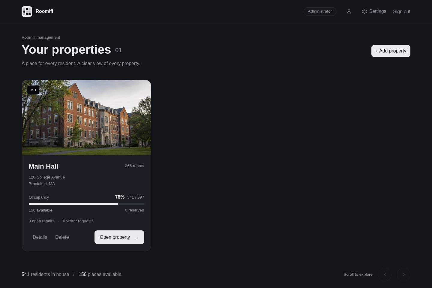 The Roomifi portfolio with building photos, occupancy and availability