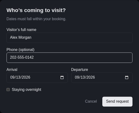 Register a guest with a name, dates and overnight option